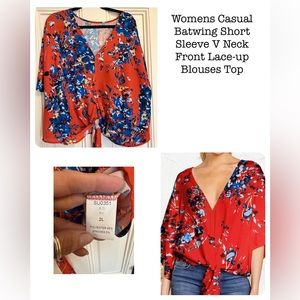 Batwing Short Sleeve V Neck  Blouse